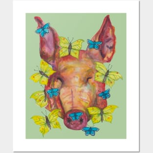 Pink pig head and yellow  blue butterflies Posters and Art